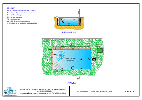 piscina interrata isoblok, forma classica, scala interna, fondo piano, con sistema di elettrolisi del sale, progetto Acqua SPA